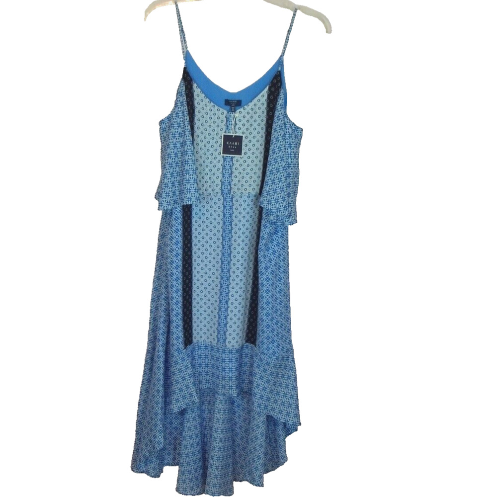 Kaari Blue Curvy Blue White Geometric Print High-Low Popover Midi Dress 0X NEW